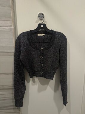 Settle Down Sparkle Cropped Button Sweater - Black Metallic, Size S